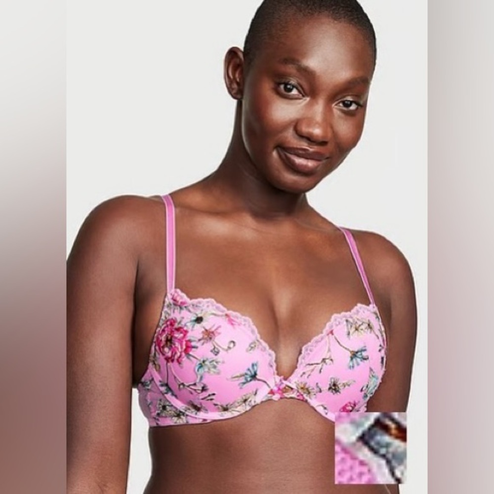 Victoria Secret Pink Lightly Lined Demi Bra Floral Embroidery Push Up NWT 32DD